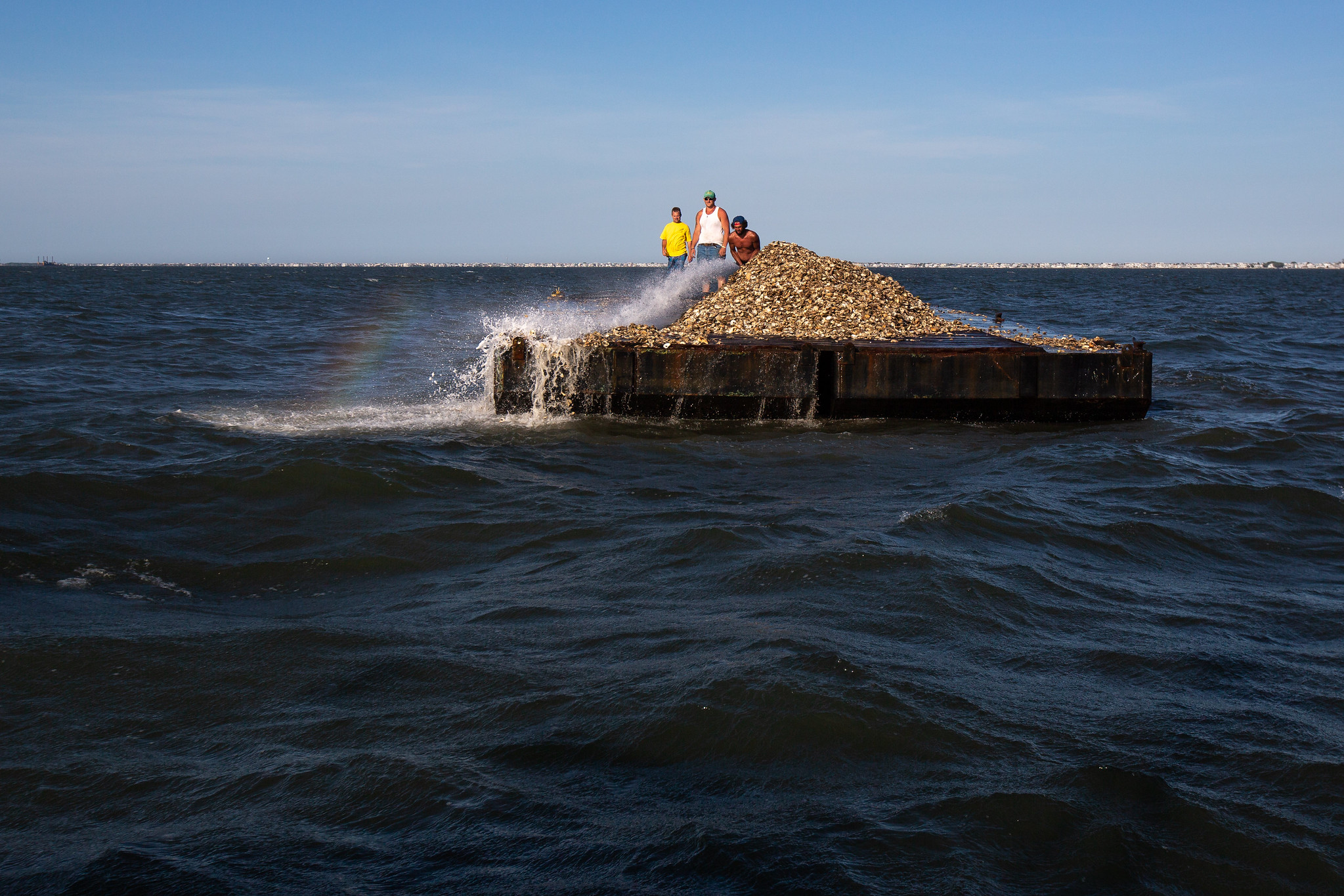 Researchers use water power from a hose to spray shells overboard to plant new oysters at the Tuckerton restoration site in 2020.