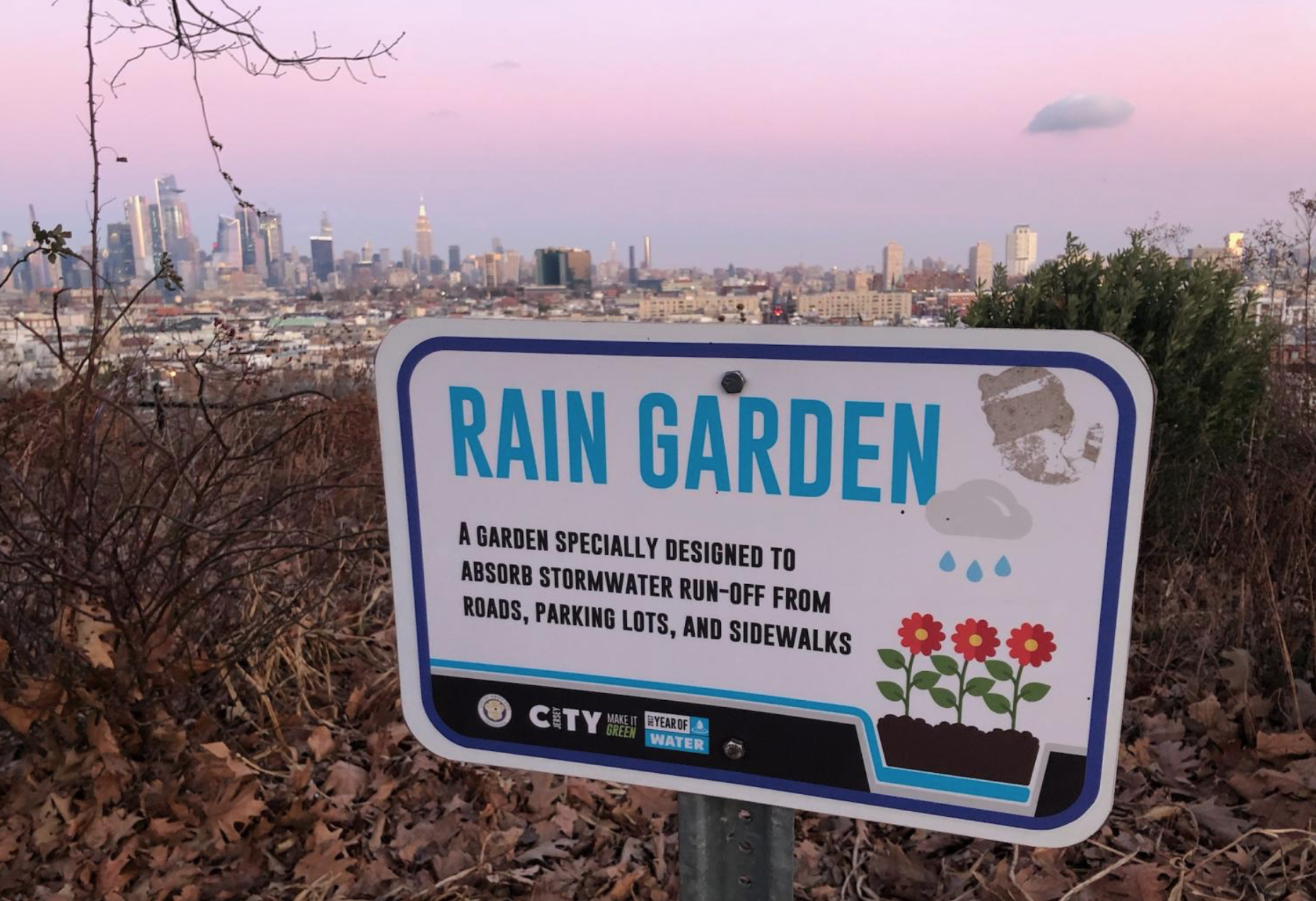 Sign for a rain garden in Jersey City