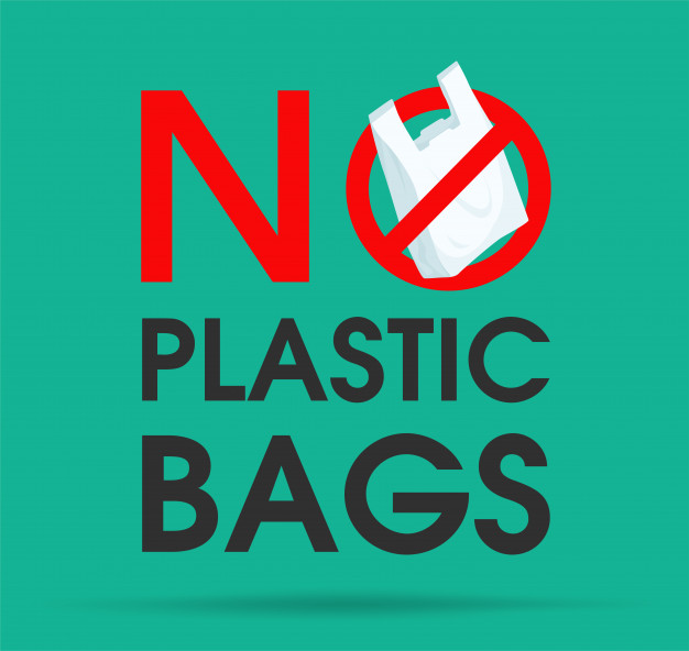 Graphic depiction of a plastic bag with line through it, and text "No plastic bags"