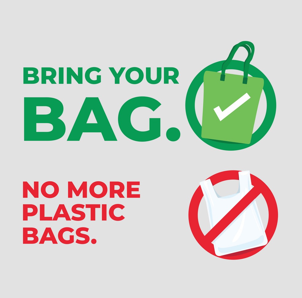 Graphic depiction of a reusable and non-reusable bags, with text "Bring your bag. No more plastic bags."