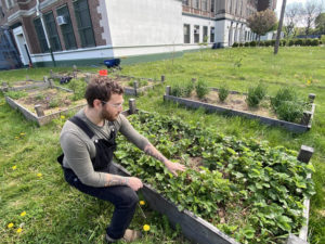 A man in overalls kneels in front of a raised garden bed crowded with healthy-looking plants; behind it are other similar beds and a large building