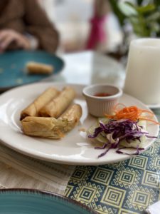 Spring rolls and condiments on a plate on a table