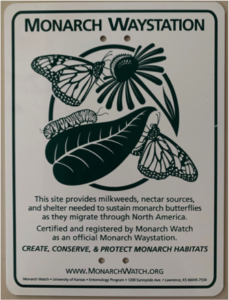 A sign showing butterflies and caterpillar states "MONARCH WAYSTATION"