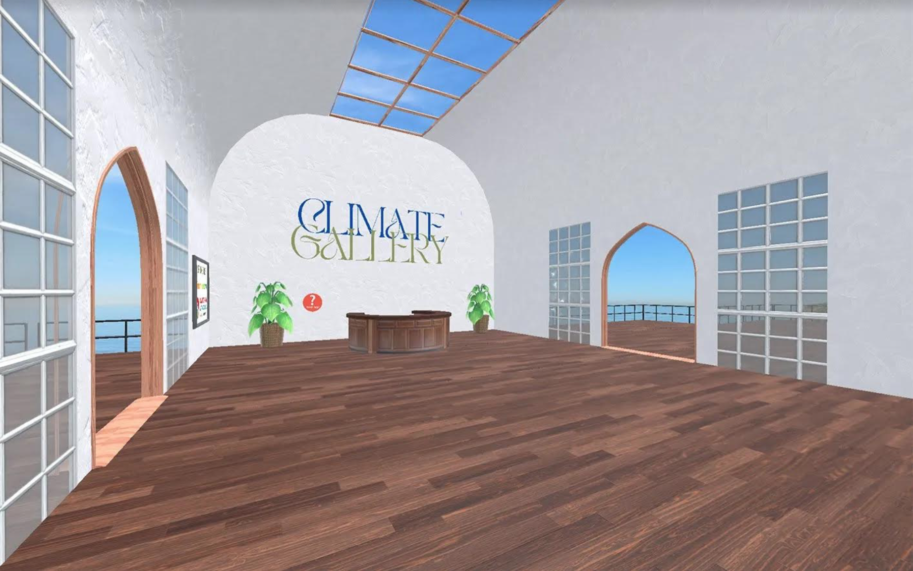 Lifelike computer image of a large room with white walls, a wood floor, arches leading outside to decks, and the words "CLIMATE GALLERY" on a wall in front of a desk and two potted plants