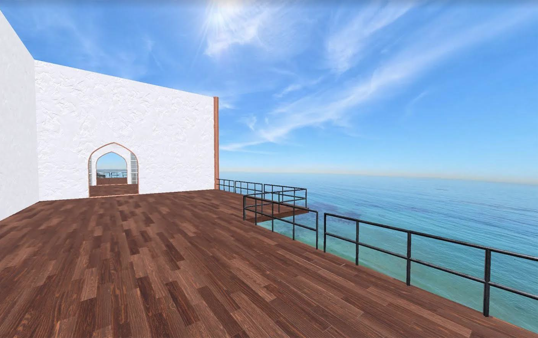 Lifelike computer image of white building walls on a deck overlooking water