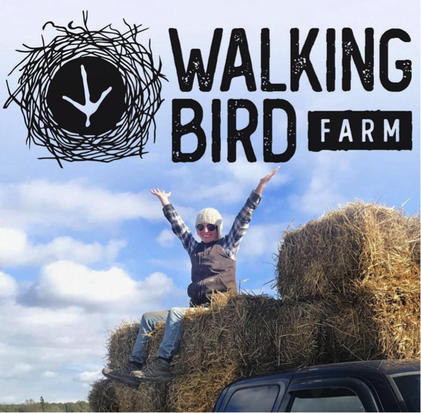 A person sitting on piled bales of hay raises their arms, under logo of Walking Bird Farm